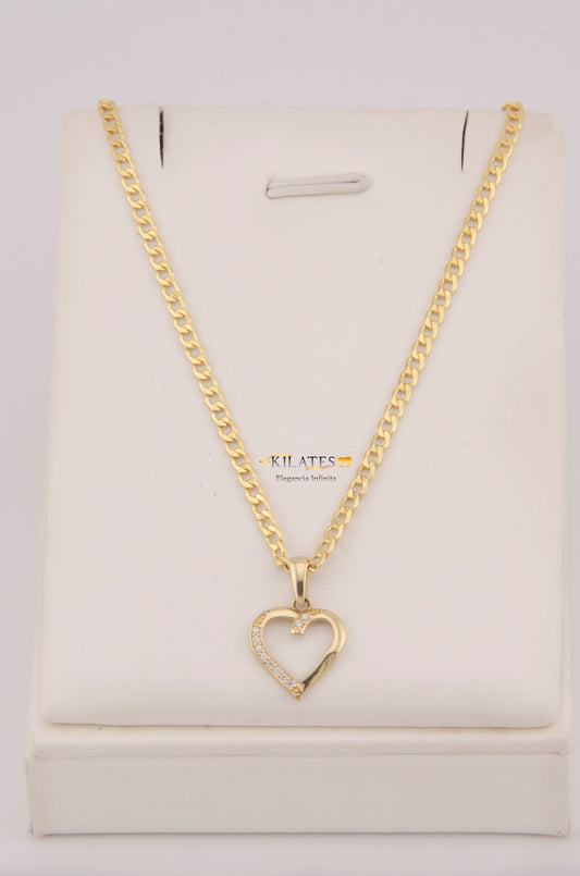 "CADENA DE 50CM PARA DAMA ESTILO CUBANA CON DIJE DE CORAZON CON ZIRCONIA BLANCA. ORO 10K #775-3914"