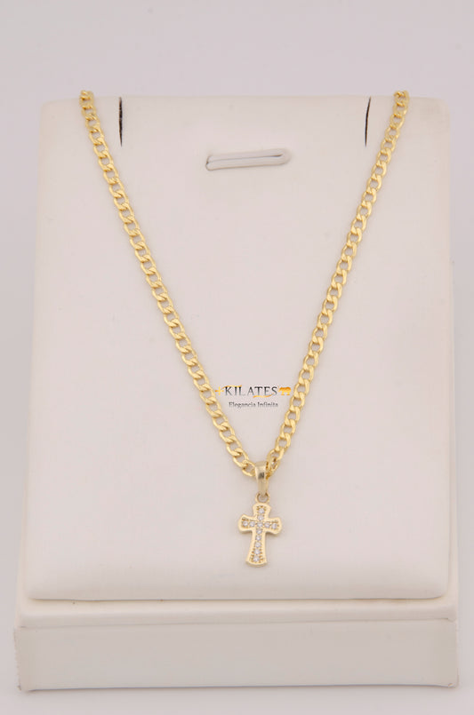 "CADENA DE 50CM PARA DAMA ESTILO CUBANA CON DIJE DE CRUZ CON ZIRCONIA BLANCA. ORO 10K #775-3917"