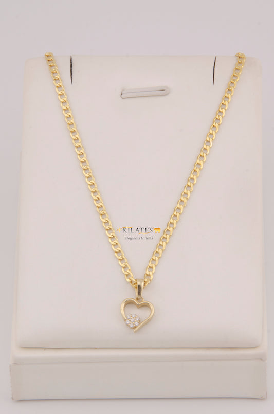 "CADENA DE 50CM PARA DAMA ESTILO CUBANA CON DIJE DE CORAZON CON ZIRCONIA BLANCA. ORO 10K #775-3919"