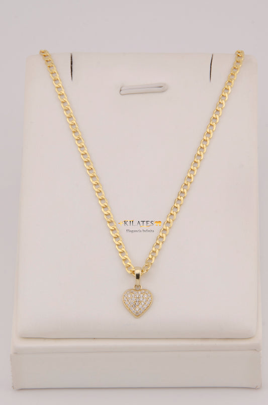 "CADENA DE 50CM PARA DAMA ESTILO CUBANA CON DIJE DE CORAZON CON ZIRCONIA BLANCA. ORO 10K #775-3920"