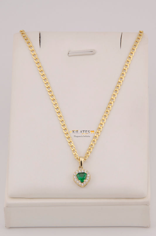 "CADENA DE 50CM PARA DAMA ESTILO CUBANA CON DIJE DE CORAZON BLANCO CON VERDE. ORO 10K #775-3922"