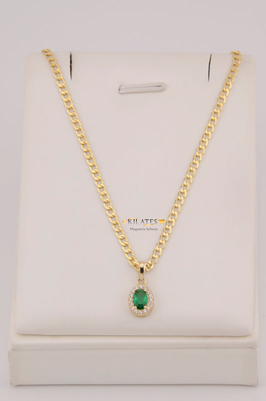 "CADENA DE 50CM PARA DAMA ESTILO CUBANA CON DIJE OVALADO BLANCO CON VERDE. ORO 10K #775-3923"