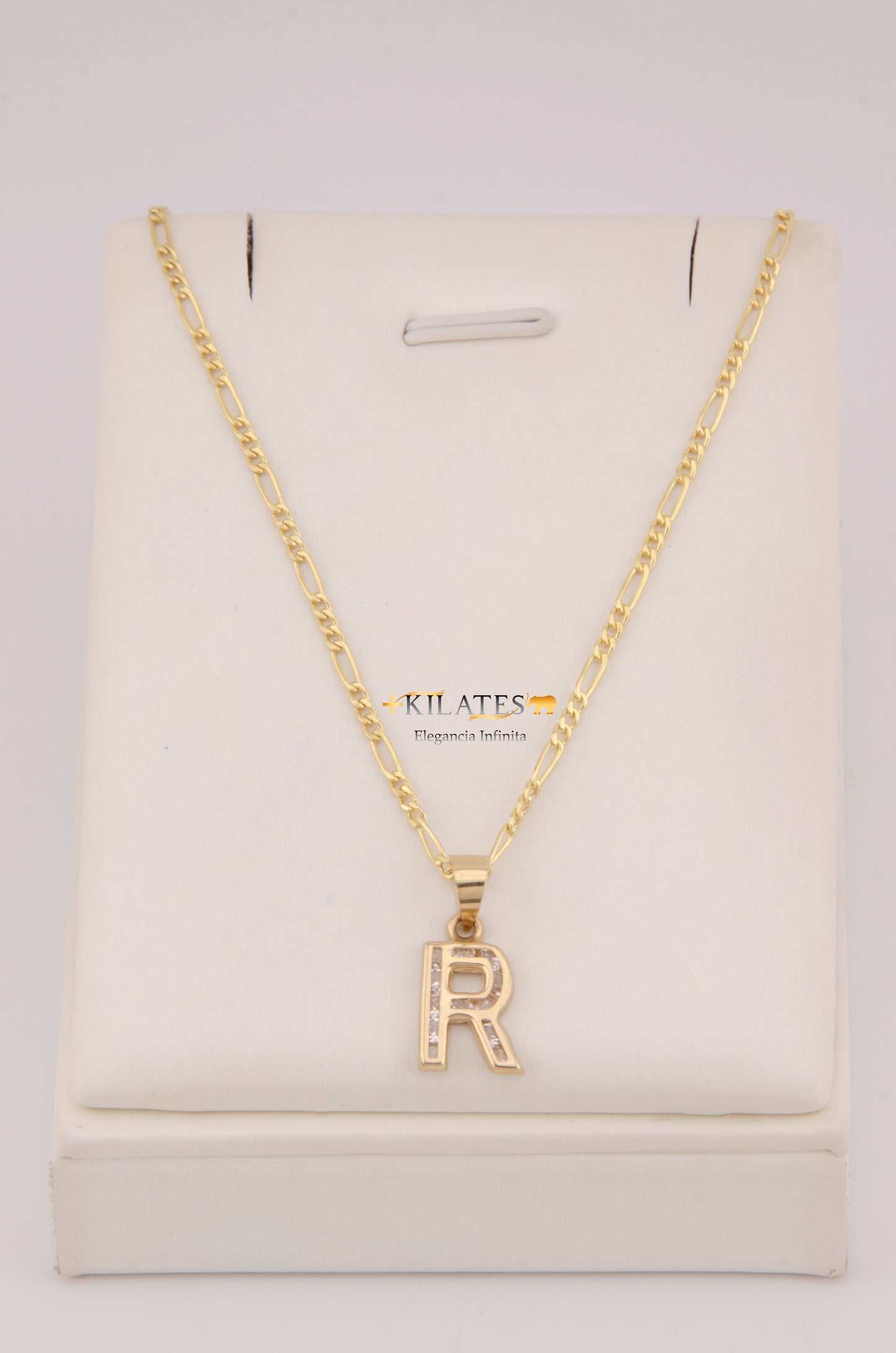 " CADENA DE 50CM PARA DAMA ESTILO 3+1 CON INICIAL R Y ZIRCONIAS BLANCAS . ORO 10K #775-3933"