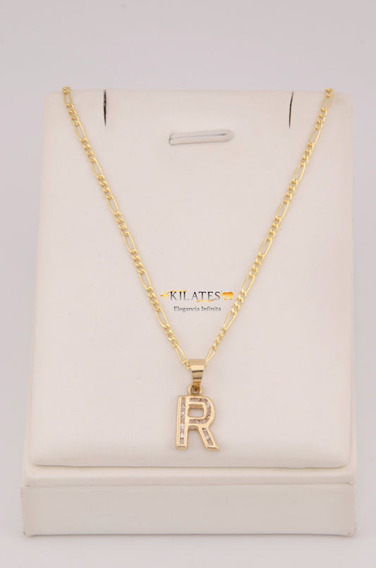 " CADENA DE 50CM PARA DAMA ESTILO 3+1 CON INICIAL R Y ZIRCONIAS BLANCAS . ORO 10K #775-3933"