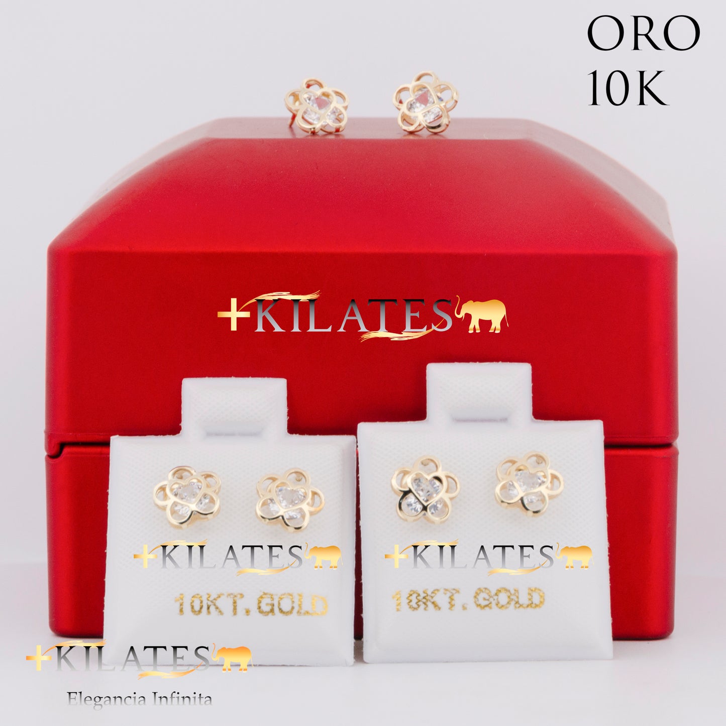 "ARETES PREMIUM FLOR CON CORAZON GRANDE. ORO 10K #775-1475"