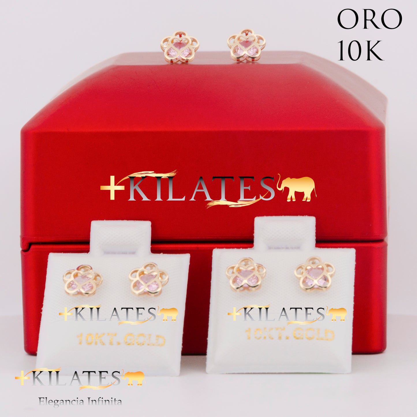 "ARETES PREMIUM FLOR CON CORAZON GRANDE. ORO 10K #775-1489"