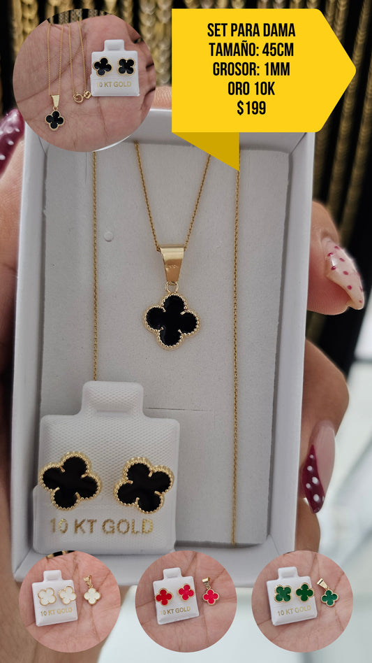 SET CLOVER CON CADENA CUADRADA ORO 10K