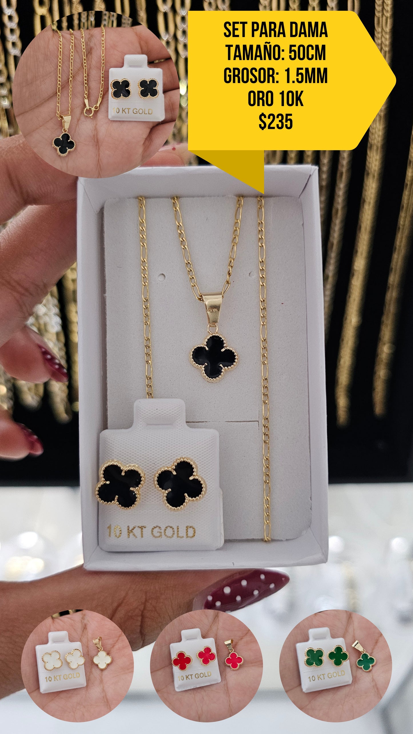 SET CLOVER CADENA 3+1 ORO 10K
