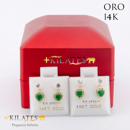 "ARETES PREMIUM CORAZON CON ZIRCONIA VERDE. ORO 14K #775-1578"