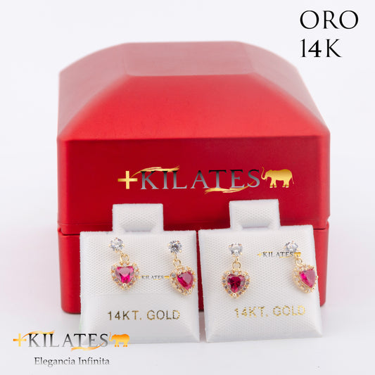 "ARETES PREMIUM CORAZON CON ZIRCONIA FUCSIA. ORO 14K #775-1579"