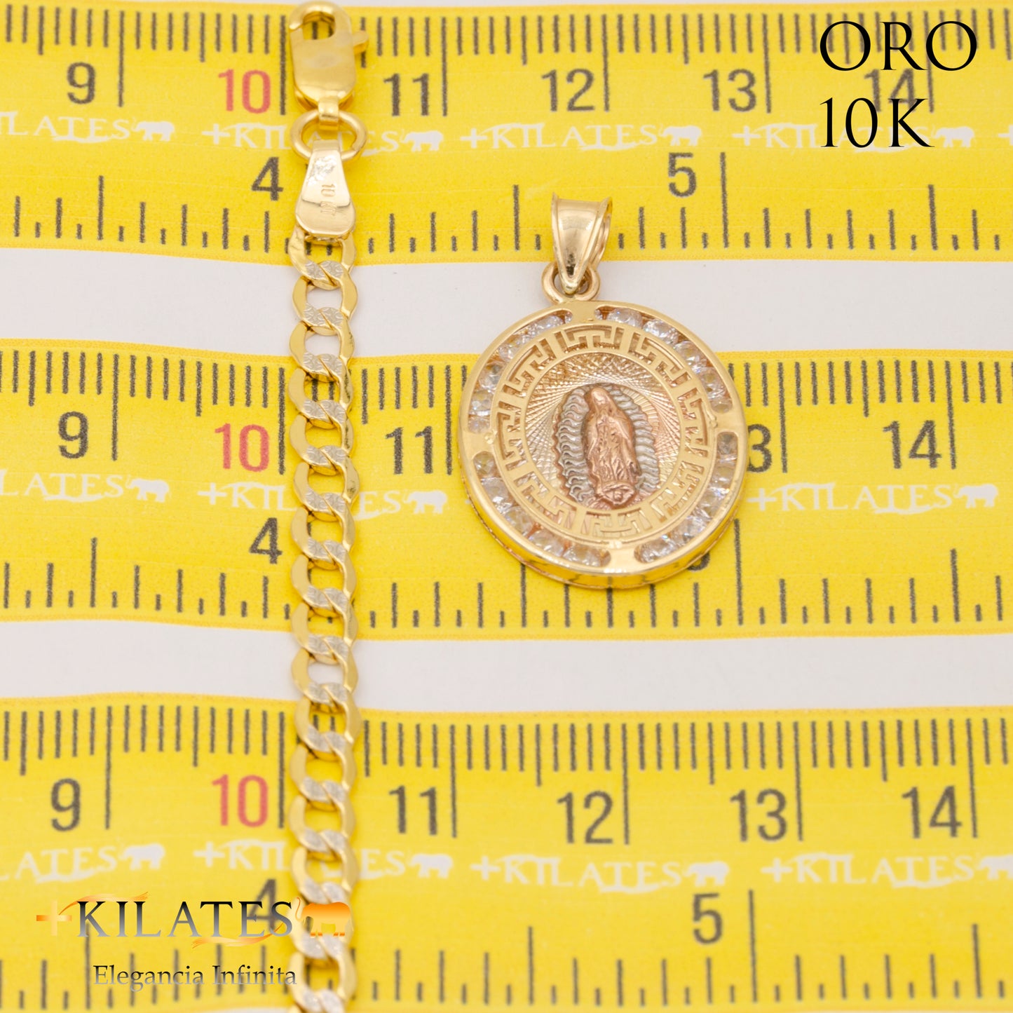 "CADENA 50 CM ESTILO CUBANA DIAMANTADA CON DIJE DE LA VIRGEN. ORO DE 10 KILATES #775-1612"