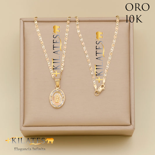 "CADENA 40 CM ESTILO 3 OROS CON DIJE DE LA VIRGEN. ORO 10 KILATES #775-1691"