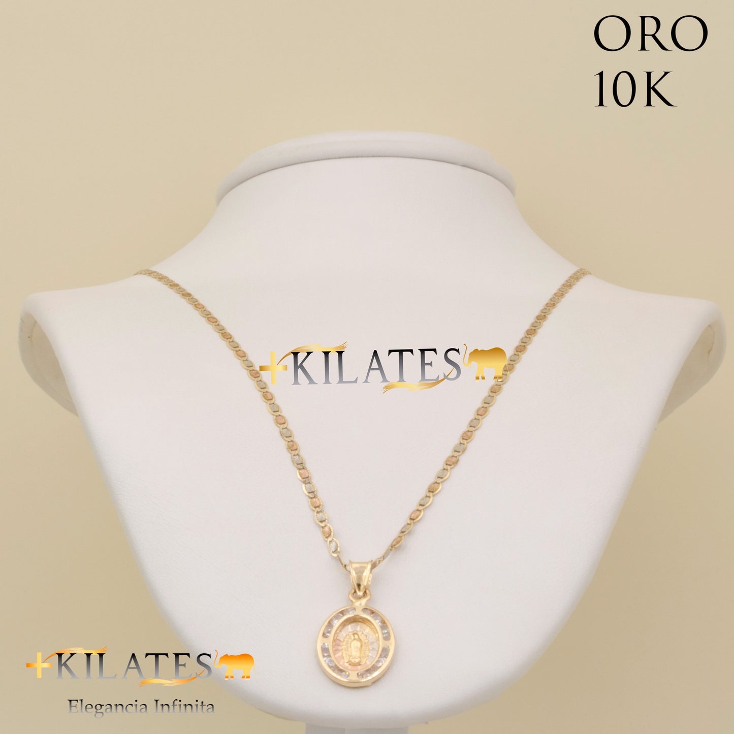 "CADENA 40 CM ESTILO 3 OROS CON DIJE DE LA VIRGEN. ORO 10 KILATES #775-1691"