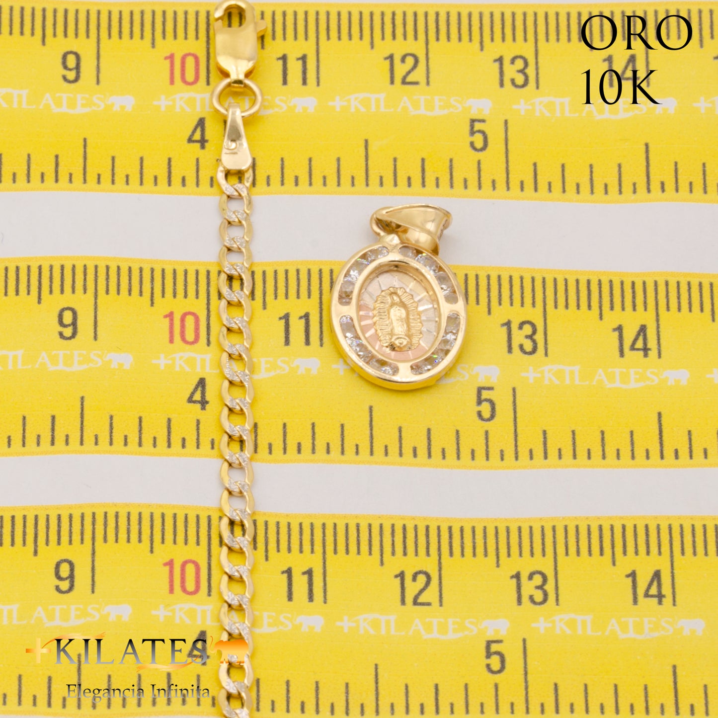 "CADENA 40 CM ESTILO CUBANA DIAMANTADA CON DIJE DE LA VIRGEN. ORO 10 KILATES #775-1684"