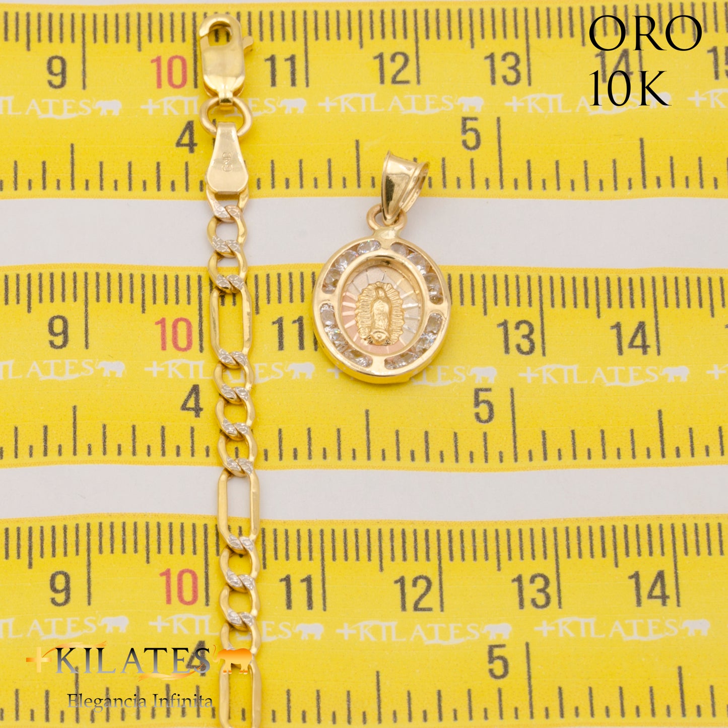 "CADENA 40 CM ESTILO 3+1 DIAMANTADA CON DIJE DE LA VIRGEN. ORO 10 KILATES #775-1689"