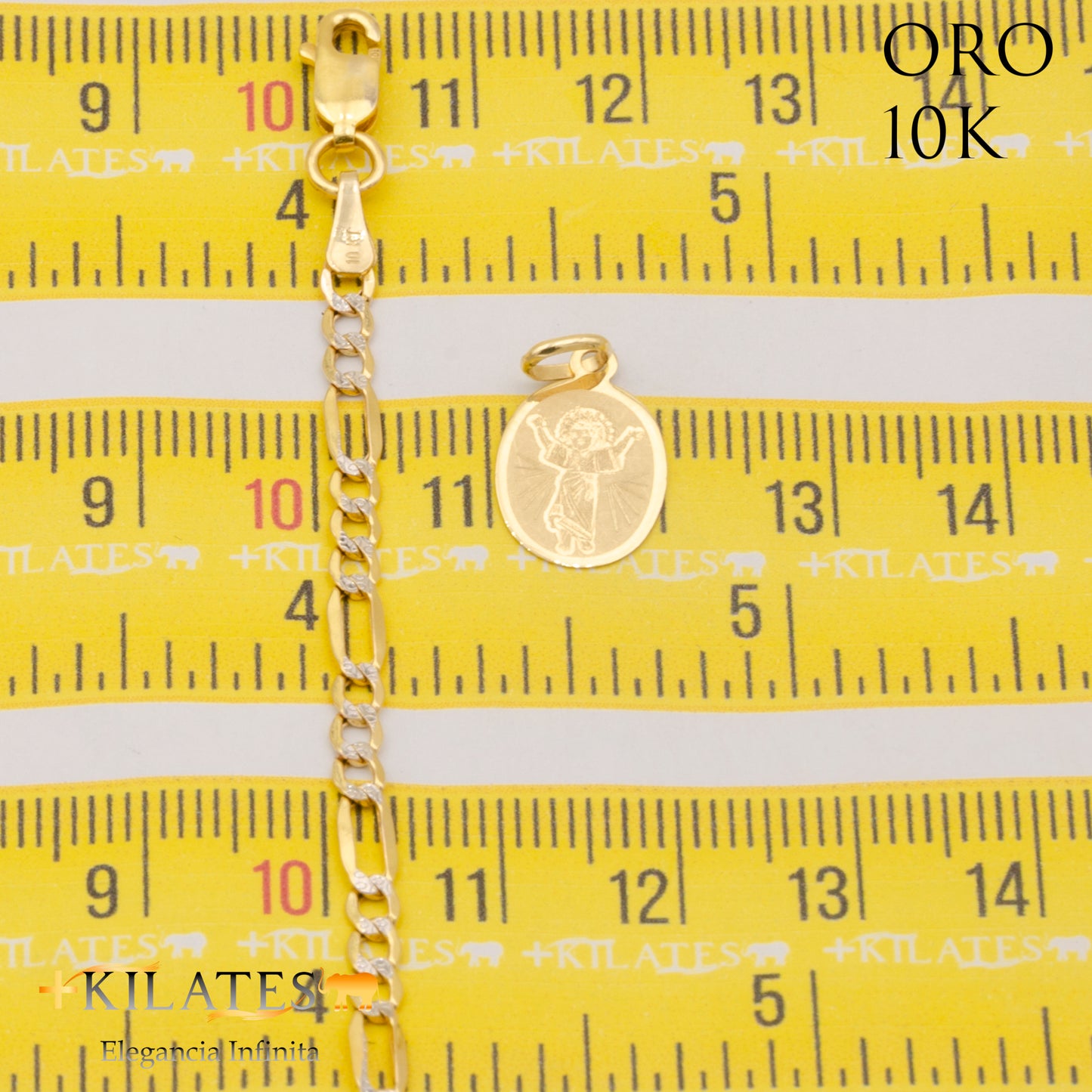 "CADENA 40 CM ESTILO 3+1  DIAMANTADA CON DIJE DEL DIVINO NIÑO. ORO 10 KILATES #775-1681"