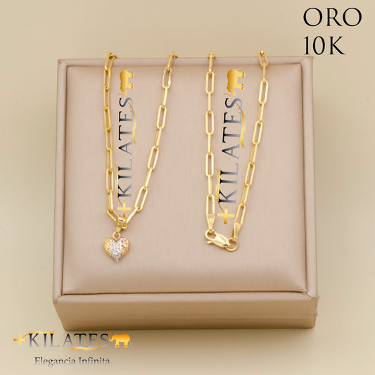 "CADENA ESTILO CLIP CON DIJE DE CORAZON. ORO 10K #775-1775"