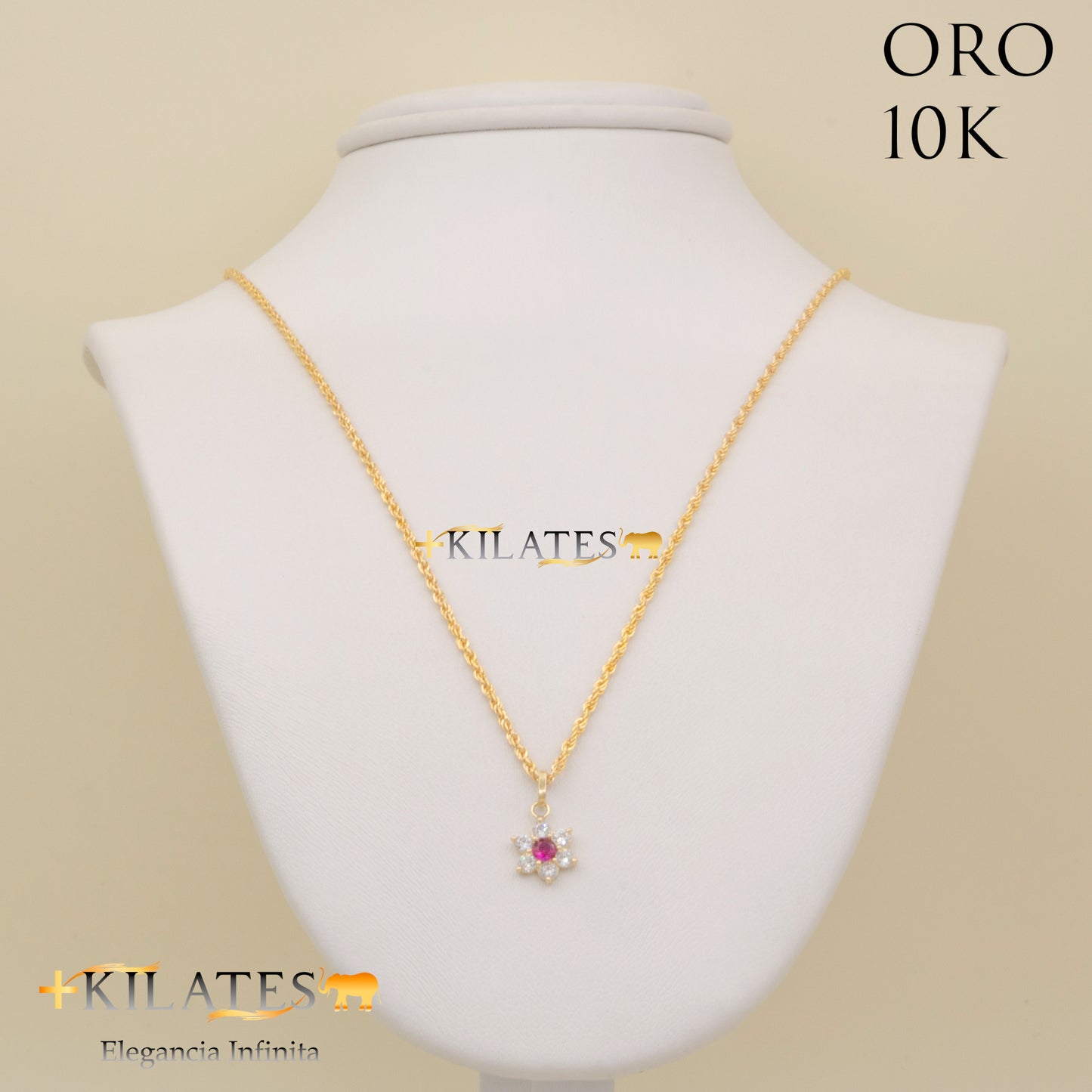 "SET DE ARETES  CON CADENA ESTILO LAZO Y DIJE DE FLOR, 50 CM  . ORO 10K #775-1807"