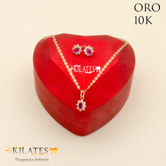 "SET  DE   CADENA ESTILO 3 OROS 50CM Y DIJE DE ALMENDRA CON ARETES. ORO 10K #775-1839"