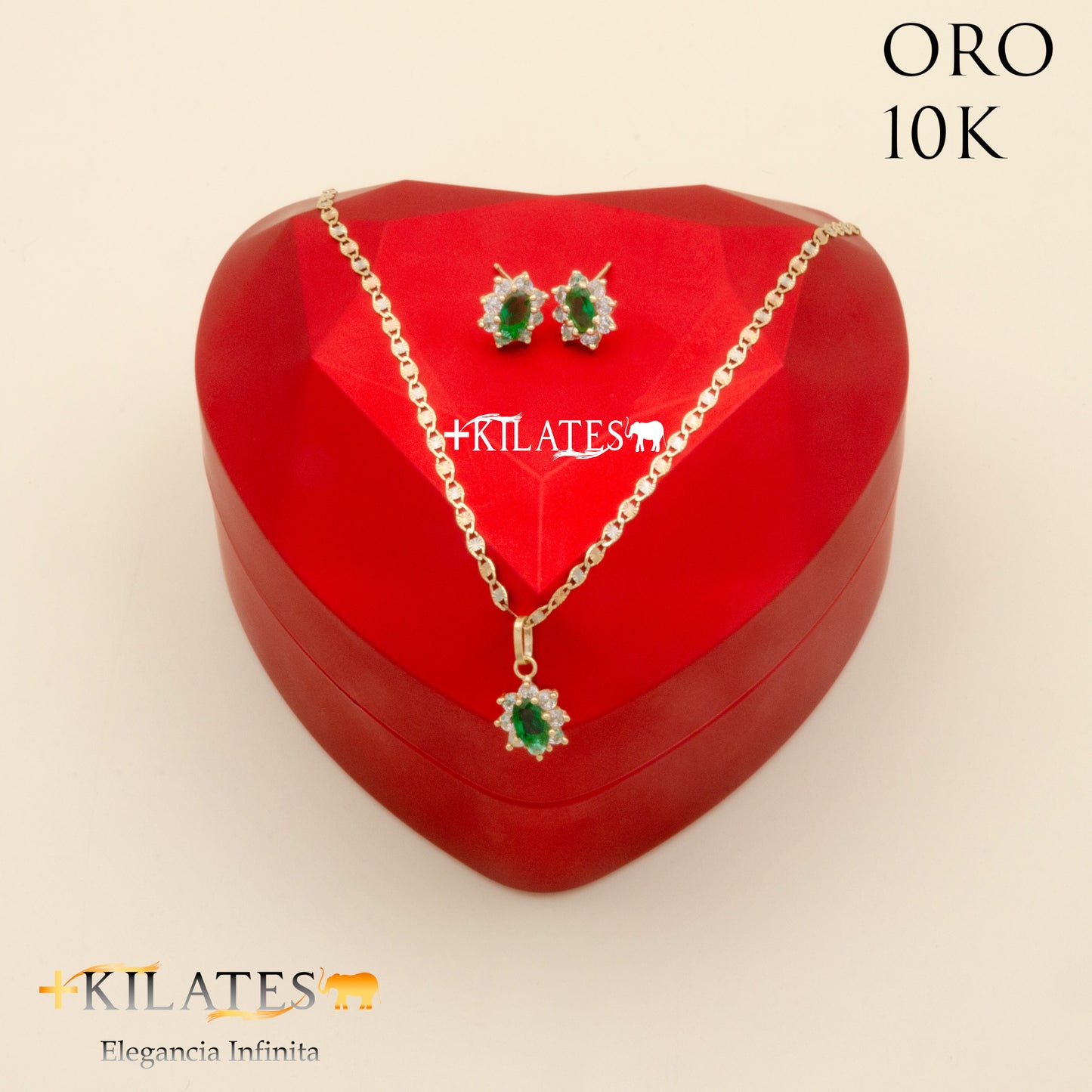 "SET  DE   CADENA ESTILO 3 OROS 50CM Y DIJE DE ALMENDRA CON ARETES. ORO 10K #775-1842"