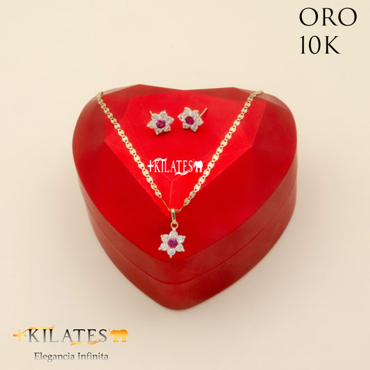 "SET  DE   CADENA ESTILO 3 OROS 50CM Y DIJE DE FLOR CON ARETES. ORO 10K #775-1845"