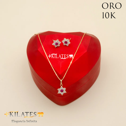 "SET  DE   CADENA ESTILO FINITA 50CM Y DIJE DE FLOR CON ARETES. ORO 10K #775-1846"