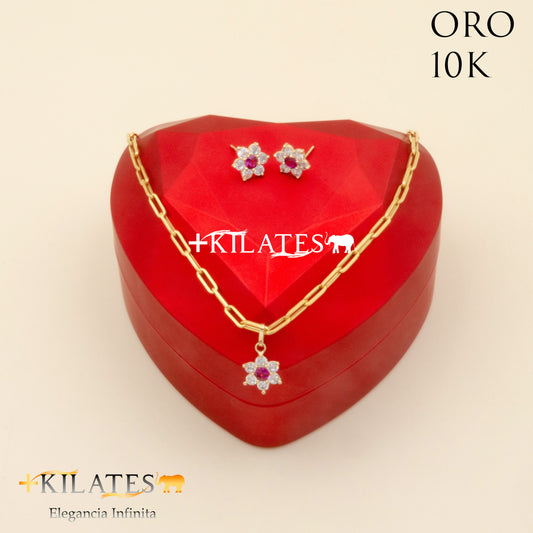 "SET  DE   CADENA ESTILO CLIP 45 CM Y DIJE DE FLOR CON ARETES. ORO 10K #775-1847"