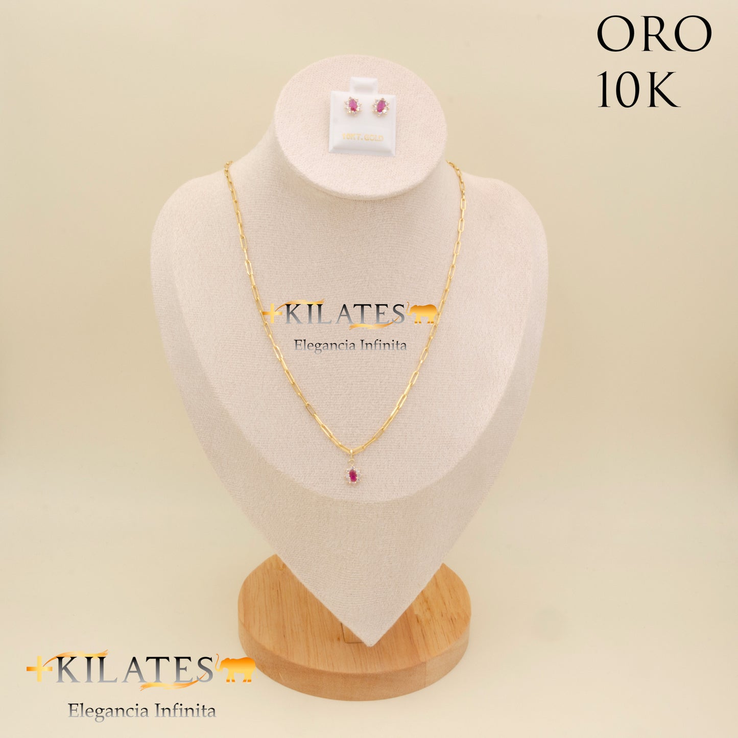 "SET  DE   CADENA ESTILO CLIP  45 CM Y DIJE DE ALMENDRA CON ARETES. ORO 10K #775-1841"