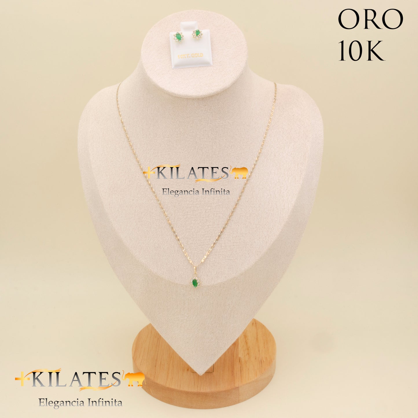 "SET  DE   CADENA ESTILO 3 OROS 50CM Y DIJE DE ALMENDRA CON ARETES. ORO 10K #775-1842"