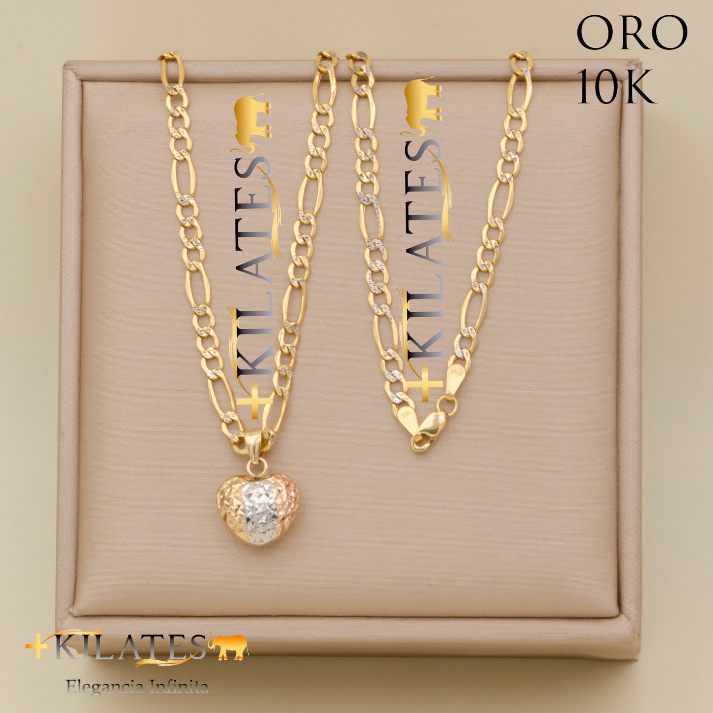 "CADENA 50 CM ESTILO 3+1  DIAMANTADA CON DIJE DE CORAZON. ORO 10 KILATES #775-1850"