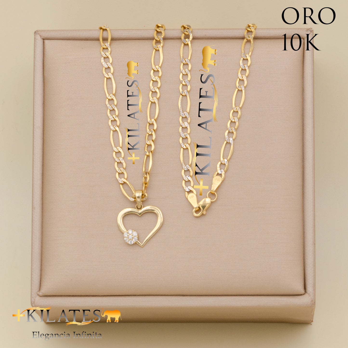 "CADENA 50 CM ESTILO 3+1  DIAMANTADA CON DIJE DE CORAZON. ORO 10 KILATES #775-1854"