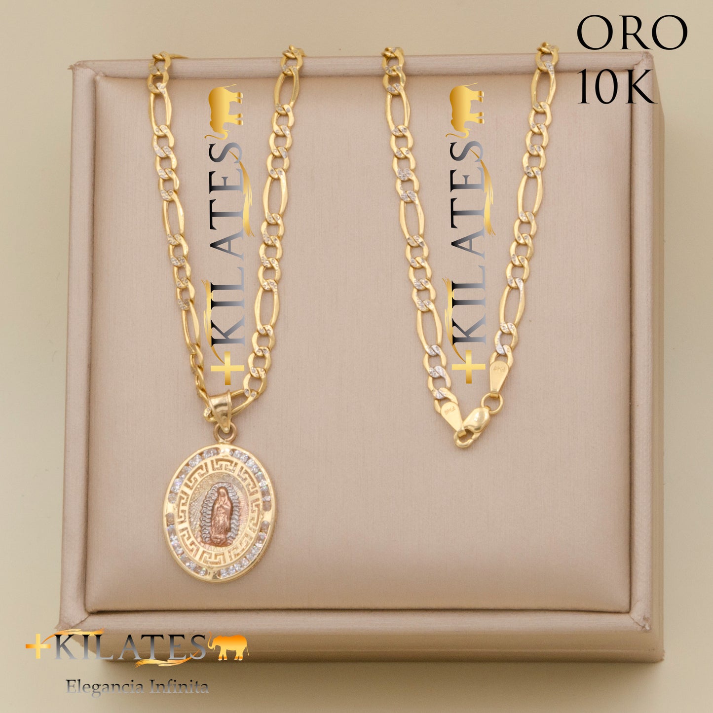 "CADENA 50 CM ESTILO 3+1  DIAMANTADA CON DIJE DE LA VIRGEN. ORO 10 KILATES #775-1861"