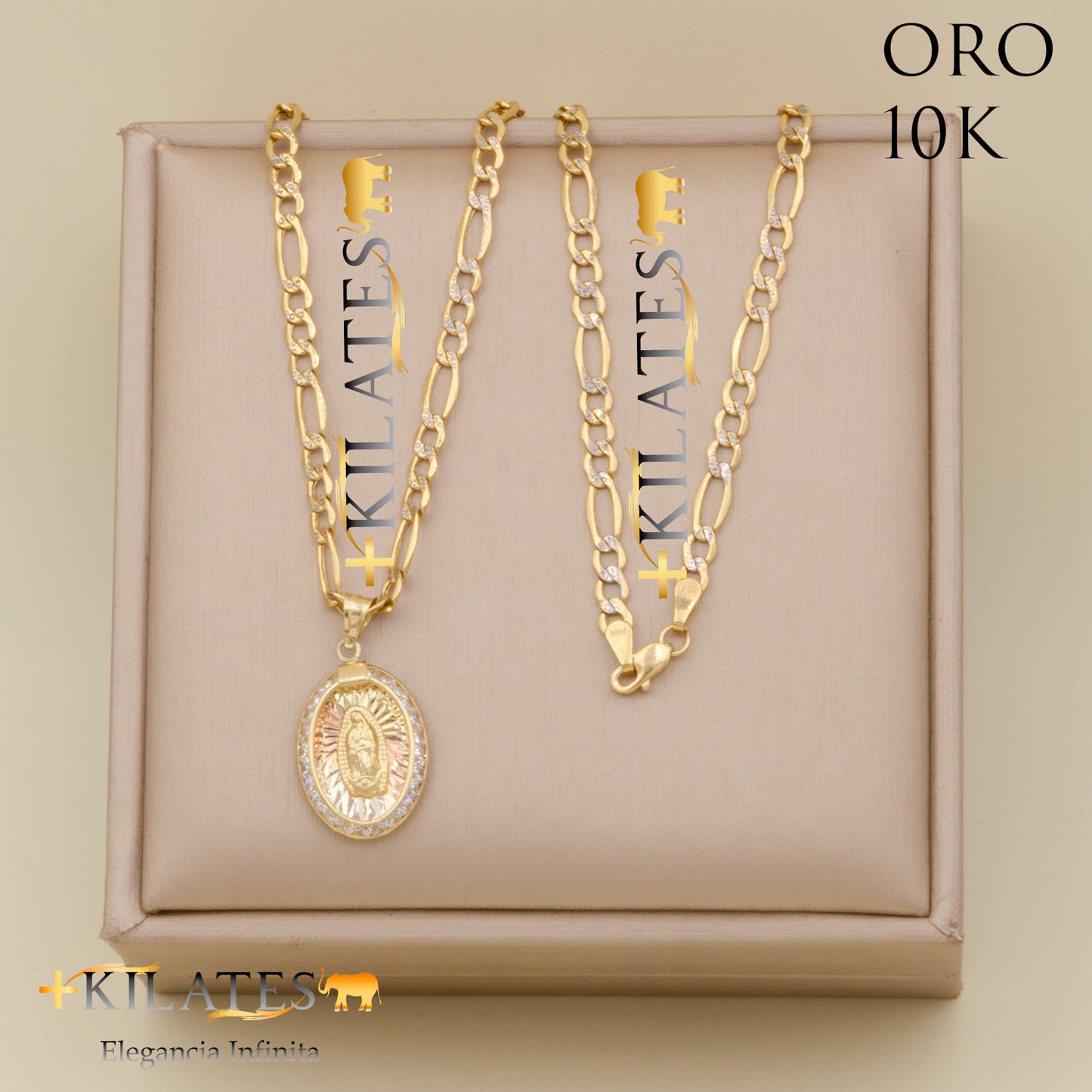 "CADENA 50 CM ESTILO 3+1  DIAMANTADA CON DIJE DE LA VIRGEN. ORO 10 KILATES #775-1864"