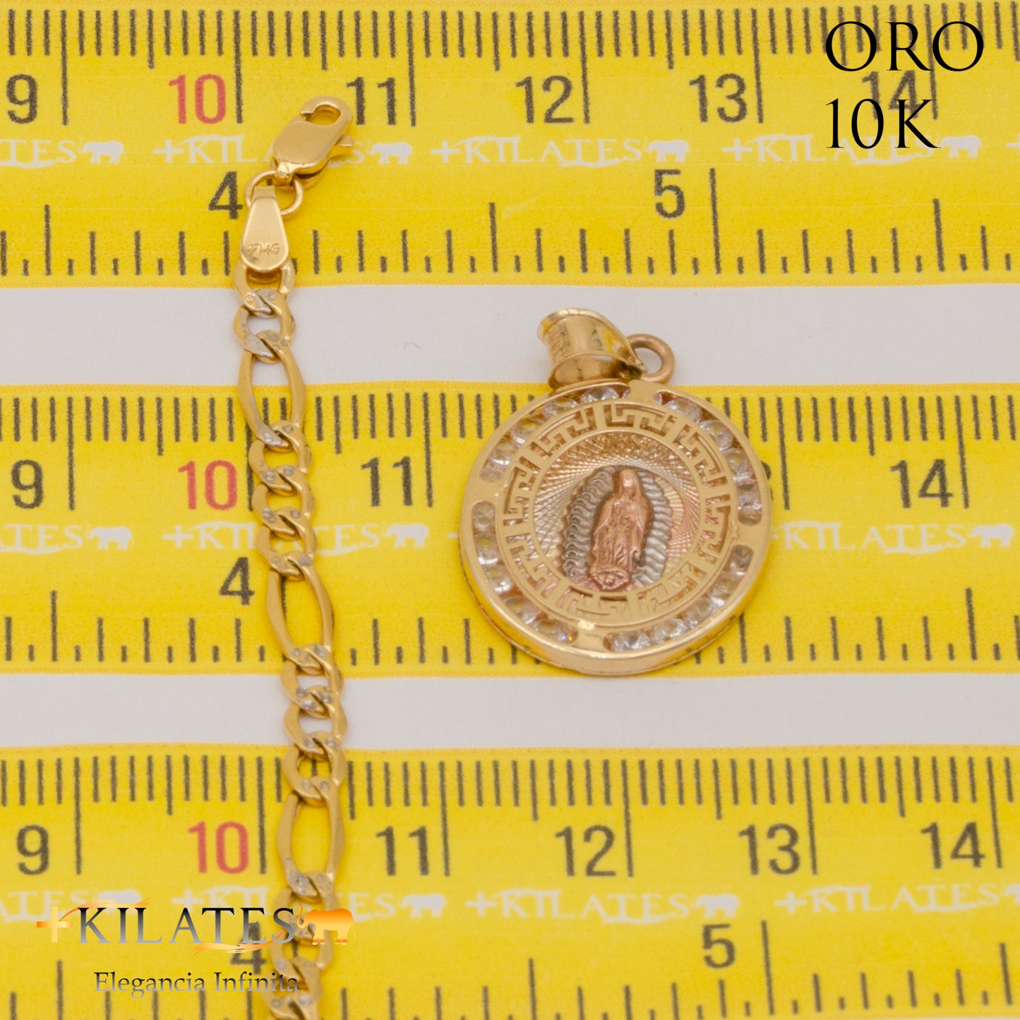 "CADENA 50 CM ESTILO 3+1  DIAMANTADA CON DIJE DE LA VIRGEN. ORO 10 KILATES #775-1861"