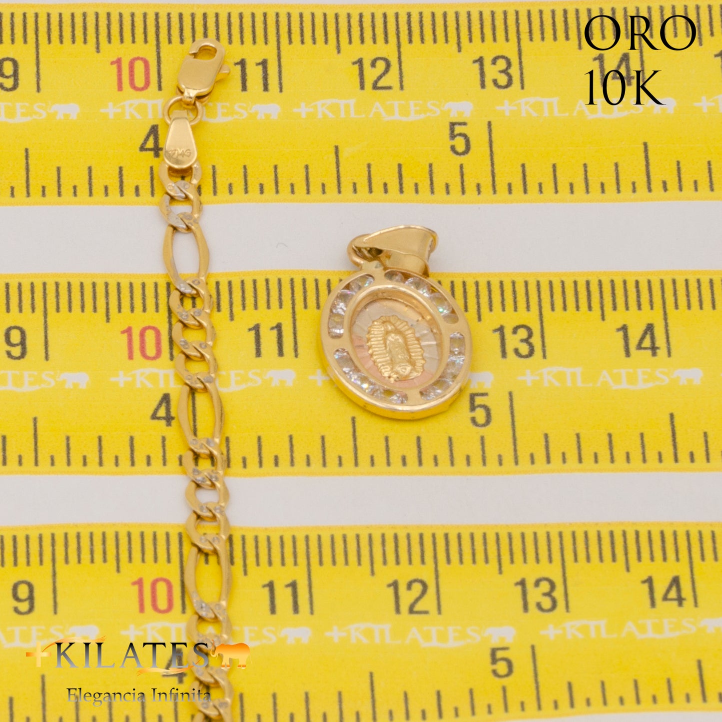 "CADENA 50 CM ESTILO 3+1  DIAMANTADA CON DIJE DE LA VIRGEN. ORO 10 KILATES #775-1867"