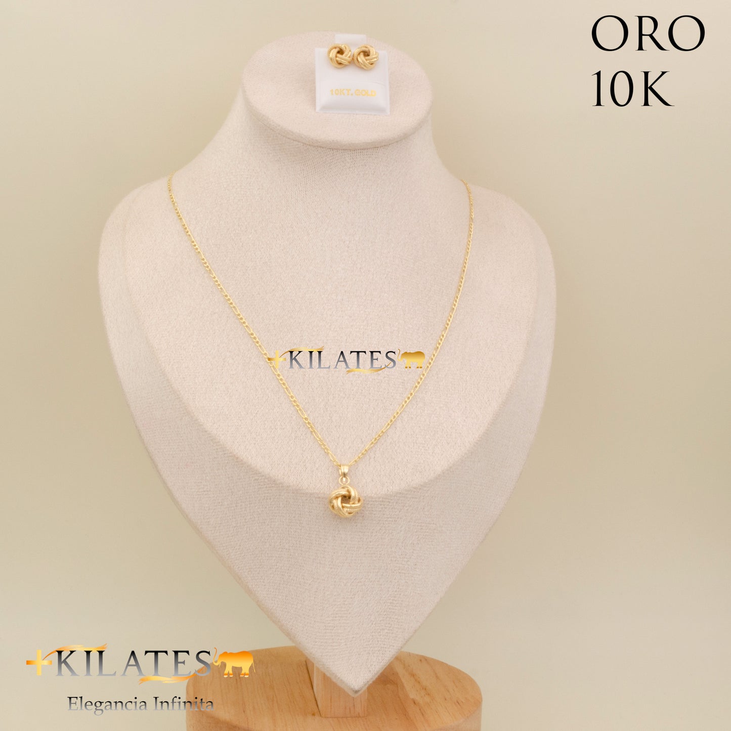 "SET ARETES CON CADENA ESTILO 3+1 Y DIJE DE NUDO, 50 CM  . ORO 10K #775-2066"