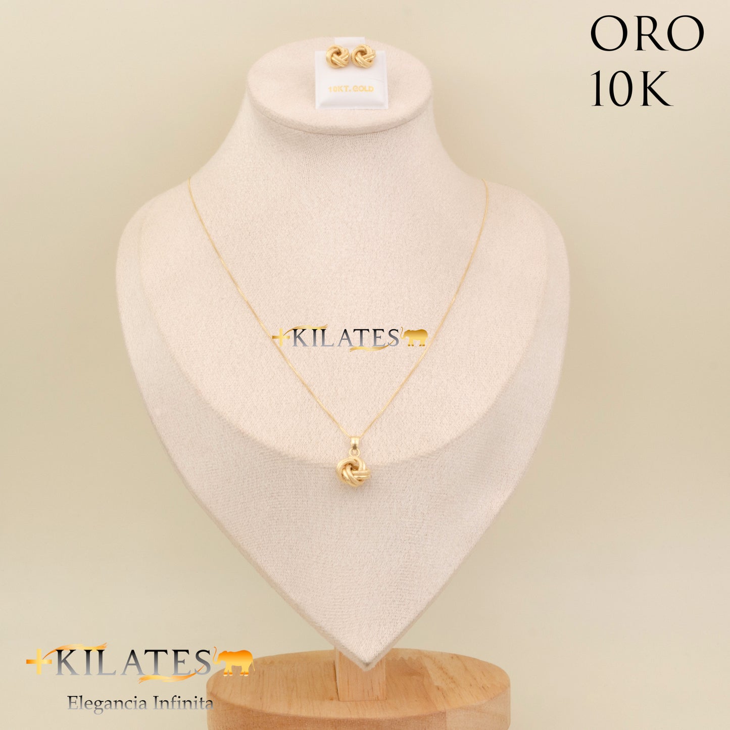 "SET ARETES CON CADENA ESTILO FINITA Y DIJE DE NUDO, 50 CM  . ORO 10K #775-2065"