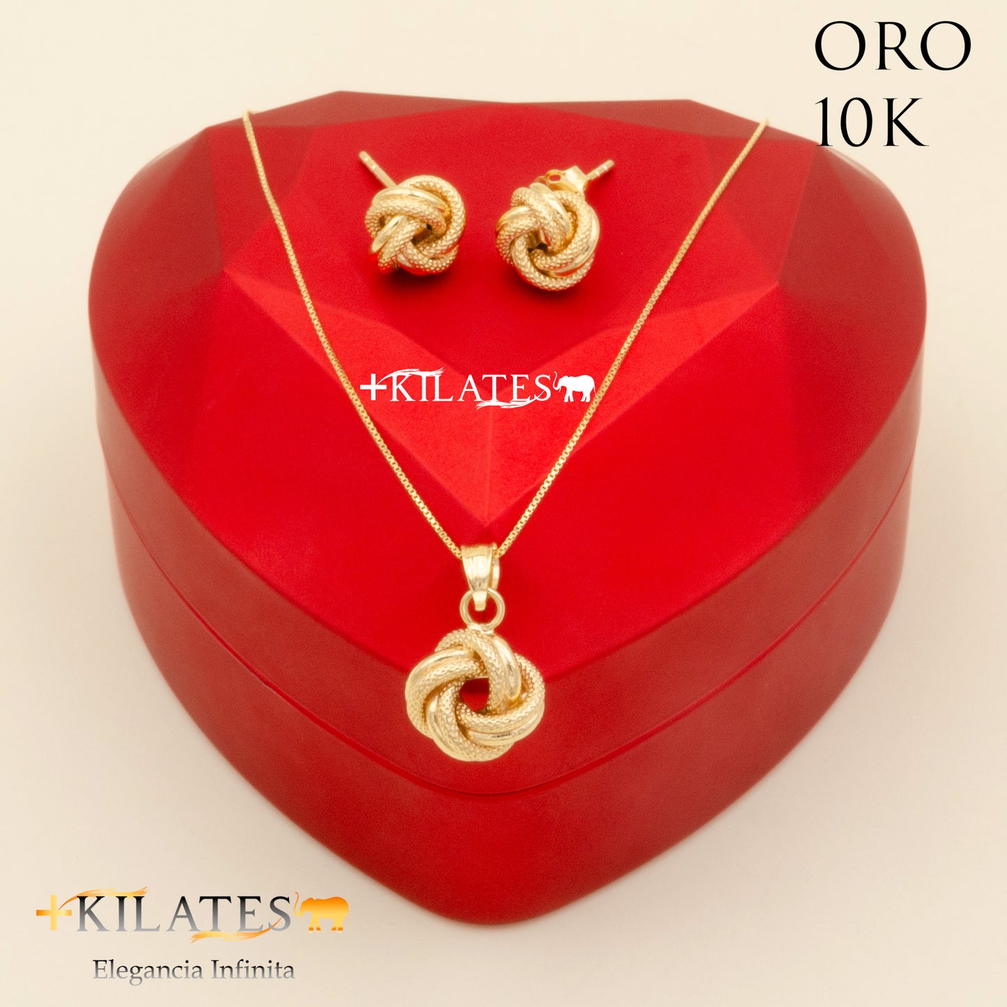 "SET ARETES CON CADENA ESTILO FINITA Y DIJE DE NUDO, 50 CM  . ORO 10K #775-2065"