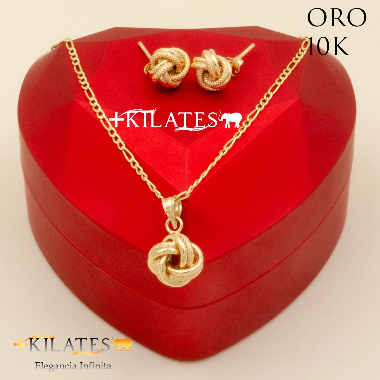 "SET ARETES CON CADENA ESTILO 3+1 Y DIJE DE NUDO, 50 CM  . ORO 10K #775-2066"