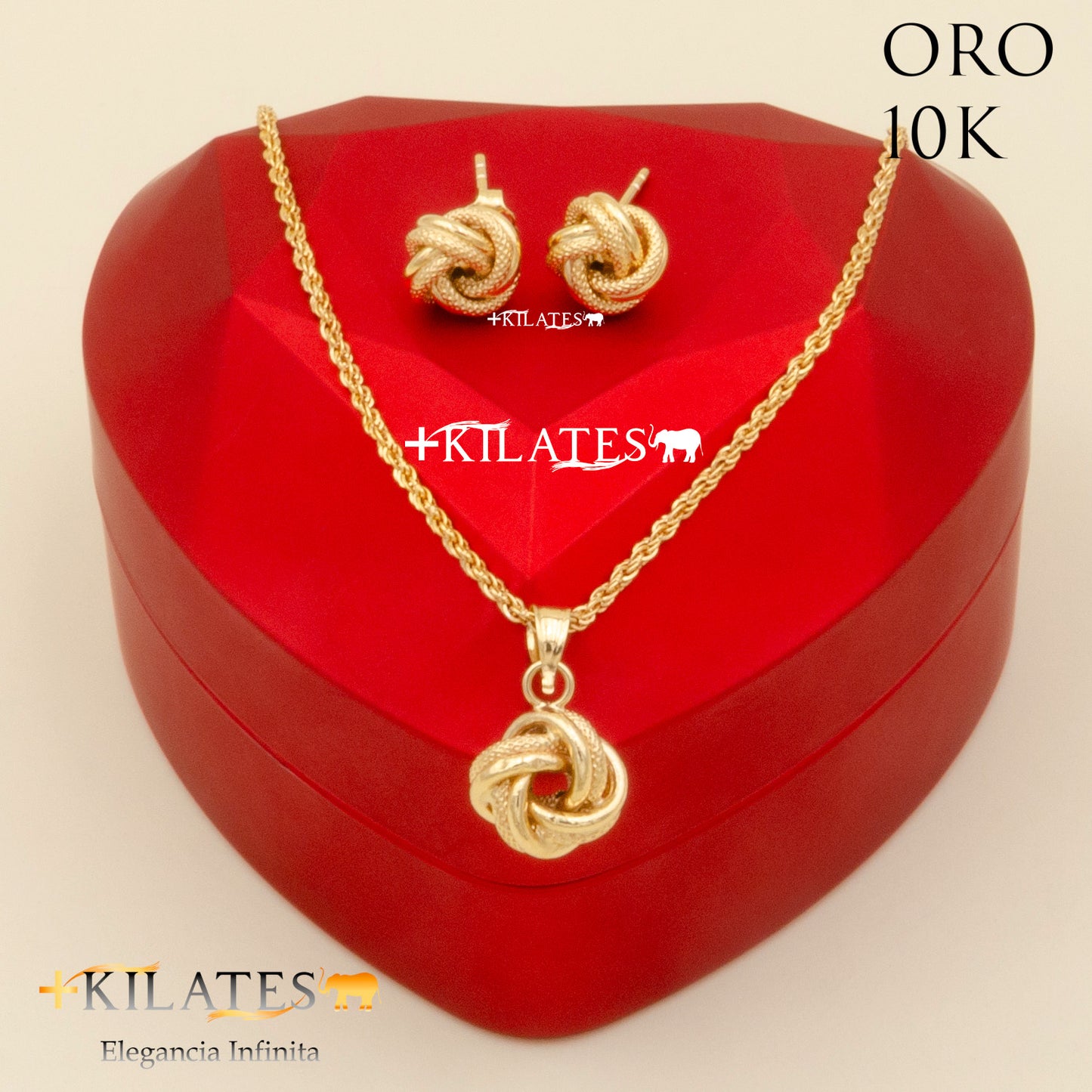 "SET ARETES CON CADENA ESTILO LAZO Y DIJE DE NUDO, 50 CM  . ORO 10K #775-2068"