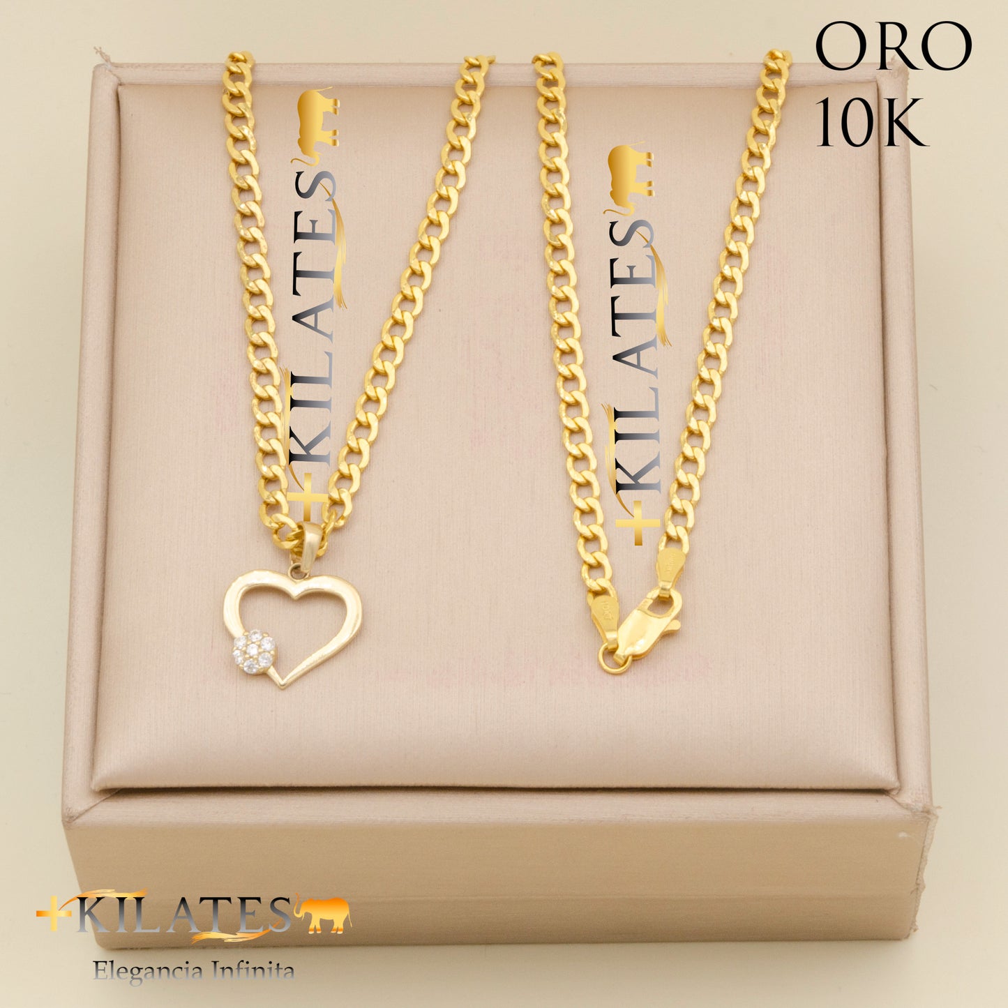 "CADENA PARA ADULTO 50 CM ESTILO CUBANA CON DIJE DE CORAZON. ORO 10K #775-2073"