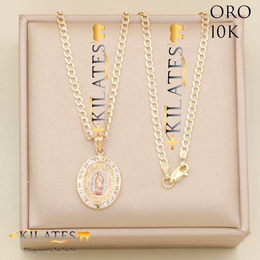 "CADENA PARA ADULTO ESTILO CUBANA DIAMANTADA CON DIJE DE LA VIRGEN. ORO 10K #775-2147"