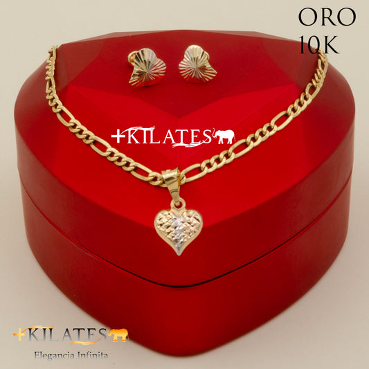 "SET DE CADENA 50 CM, DIJE DE CORAZON ESTILO 3+1  CON ARETES. ORO 10K #775-2316"