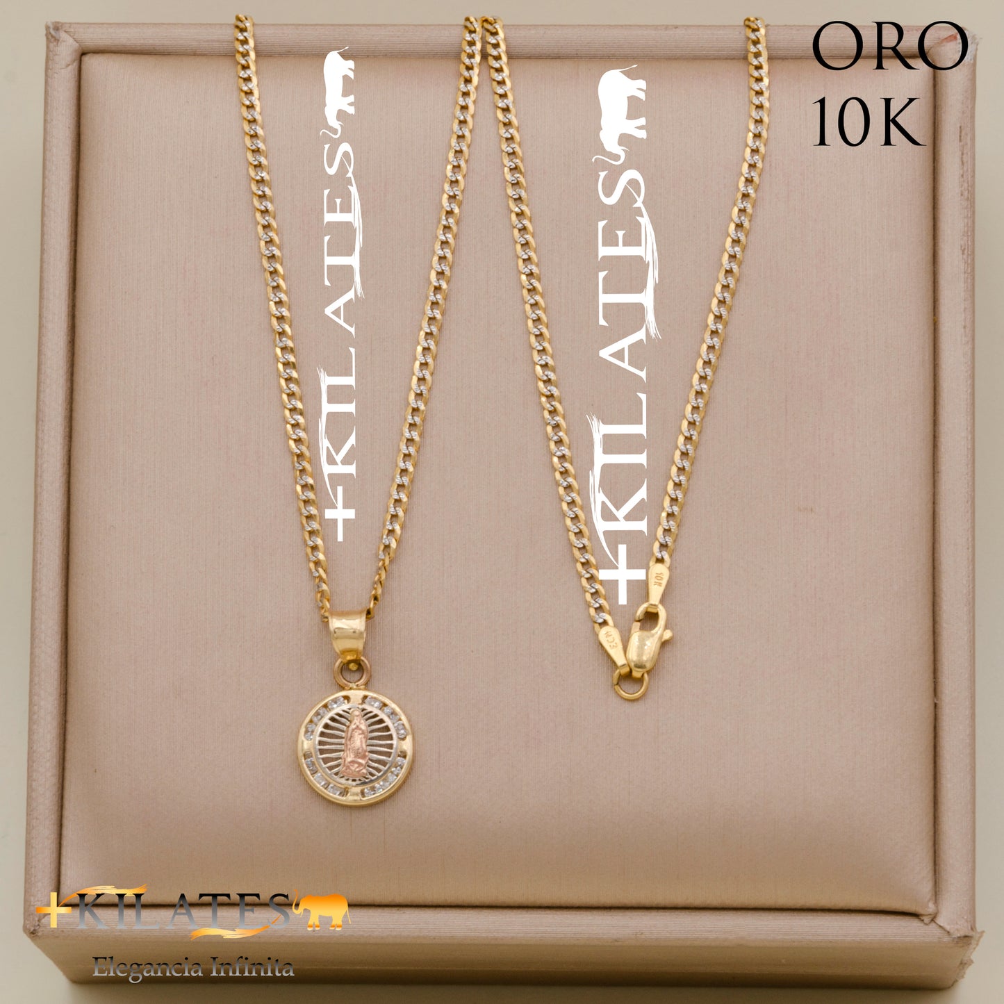 "CADENA PARA NIÑO ESTILO CUBANA DIAMANTADA 40 CM CON DIJE DE  LA VIRGEN. ORO 10K #775-2342"