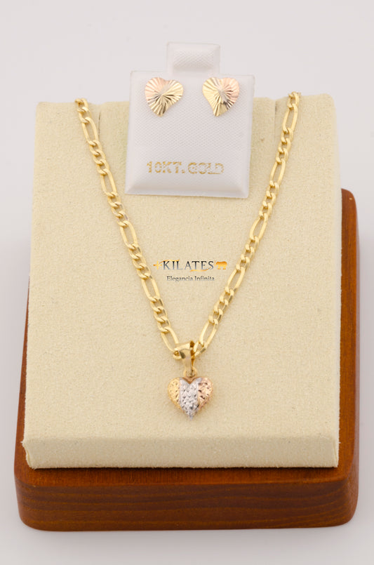 "SET PARA MUJER CADENA ESTILO 3+1  CON DIJE DE CORAZON Y ARETES. ORO 10K #775-2427"