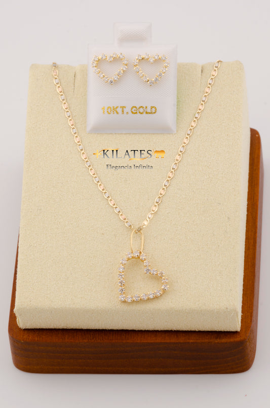 "SET PARA MUJER CADENA ESTILO 3 OROS  CON DIJE DE CORAZON Y ARETES. ORO 10K #775-2396"