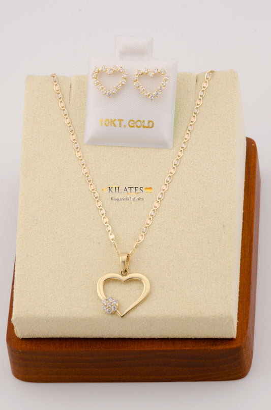 "SET PARA MUJER CADENA ESTILO 3 OROS  CON DIJE DE CORAZON Y ARETES. ORO 10K #775-2397"