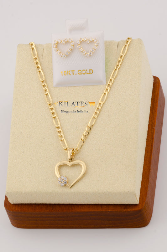 "SET PARA MUJER CADENA ESTILO 3+1  CON DIJE DE CORAZON Y ARETES. ORO 10K #775-2430"