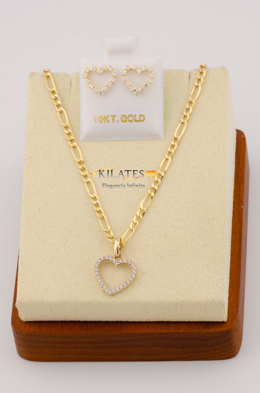 "SET PARA MUJER CADENA ESTILO 3+1  CON DIJE DE CORAZON Y ARETES. ORO 10K #775-2431"