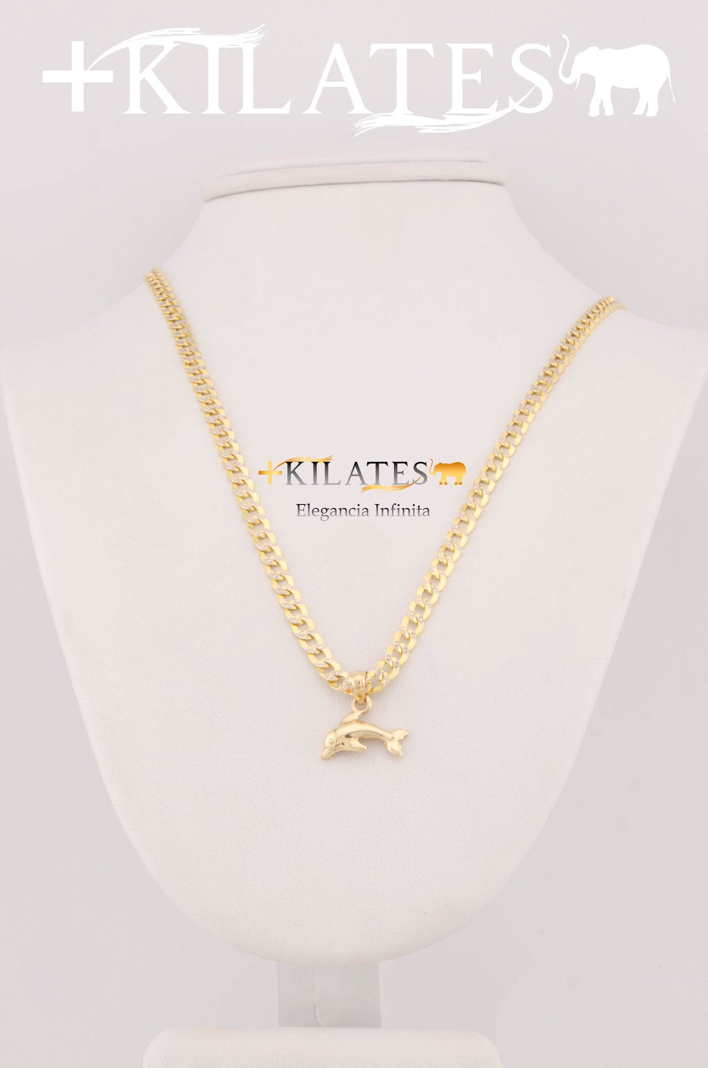 "CADENA PARA MUJER ESTILO CUBANA DIAMANTADA  50 CM CON DIJE DE DELFIN. ORO 14K #775-2502"